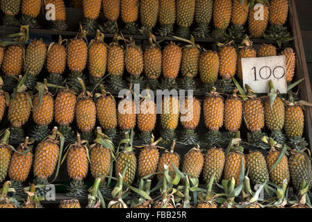 Locally grown pineapples on sale beside the the A1 highway (Colombo- Kandy road)  in Sri Lanka Stock Photo