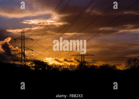 Industrial landscape with cables in front of sunset. Electricity cables and pylons are silhouetted in front of a sunset Stock Photo