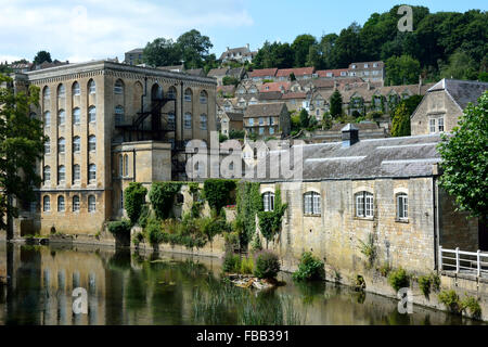 View of Bradford-on-Avon, Wiltshire, UK. A riverside view of the town alongside the River Avon Stock Photo