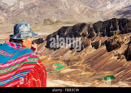 Colourful lakes below the peak of Chacaltaya in the Bolivian Andes. Stock Photo
