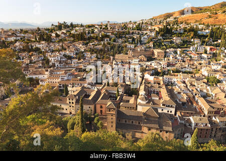 Granada, aerial panoramic view of old Albaicin district from Alhambra on sunset. Andalusia, Spain, Europe. Stock Photo