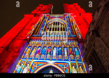 London, UK. 13 January 2016. Pictured: The Light of the Spirit at Westminster Abbey. The facade is painted with light by French artist Patrice Warrener. Lumiere London light festival was developed by creative producers Artichoke and is supported by the Mayor of London. The festival runs from 14-17 January 2016. The festival will re-imagine London’s urban landscape and architecture in 30 artworks across four main areas: King’s Cross; Mayfair and Grosvenor Square; Piccadilly, Regent Street, Leicester Square and St James’s; and Trafalgar Square and Westminster. Credit:  Nick Savage/Alamy Live New Stock Photo