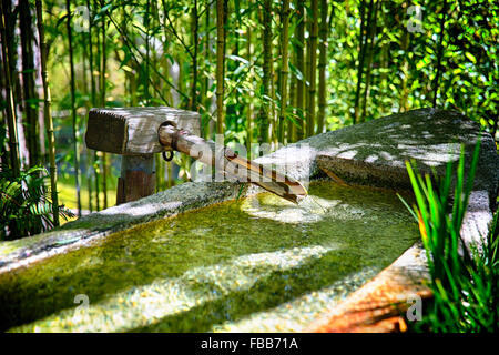 Close Up View of a Bamboo Pipe and Granite Basin with Crystal Clear Pure Water Flowing in a Japanese Garden Stock Photo