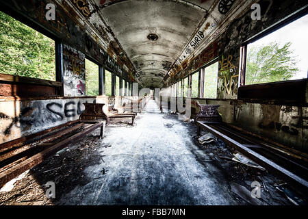 Low Angle Interior View of a Gutted and Rusting Away Rail Car, Lambertville, Hunterdon County, New Jersey Stock Photo