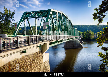 View of the Upper Black Eddy–Milford Bridge Spanning the Delaware River, Milford, Hunterdon County, New Jersey Stock Photo