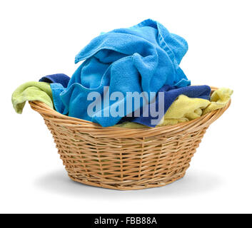 Wicker Basket with Messy Towels Isolated on White Background. Stock Photo