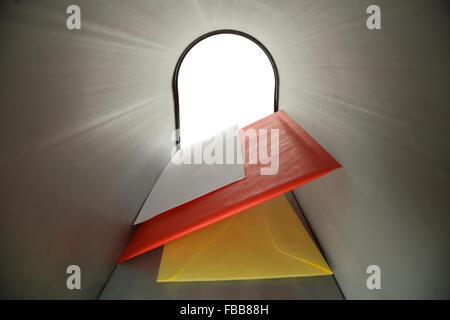Three Blank Letters Inside Mailbox Looking Outward. Stock Photo