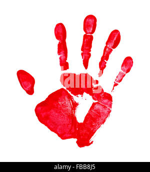 Red human hand print on black background isolated close up, bloody ...