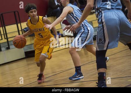 Florida, USA. 13th Jan, 2016. Zack Wittman | Times.Alyssa Nieves dribbles down the court past defenders during Berkeley Preparatory's game at Brooks Debartolo Collegiate High School on Wednesday evening, January 13, 2015 in Tampa. © Tampa Bay Times/ZUMA Wire/Alamy Live News Stock Photo