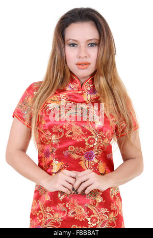 Beautiful asian woman in chinese traditional dress and happy chinese new year Stock Photo