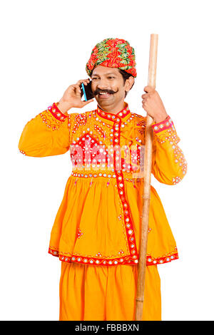 1 indian Rural Gujrati Villager standing talking Mobile Phone Stock Photo