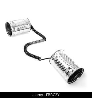 Tin can phones on white background Stock Photo