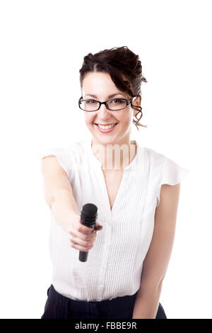 Presentation, speech conference, interview, beautiful young businesswoman, reporter holding microphone towards camera, isolated Stock Photo