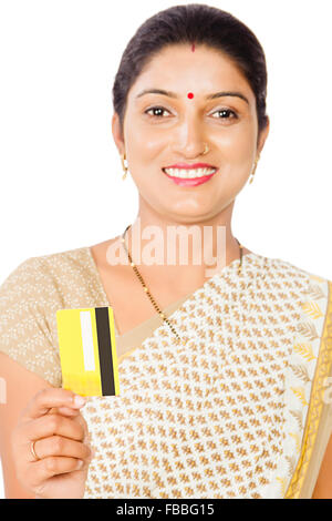 1 indian Rural  woman Credit Card showing Stock Photo