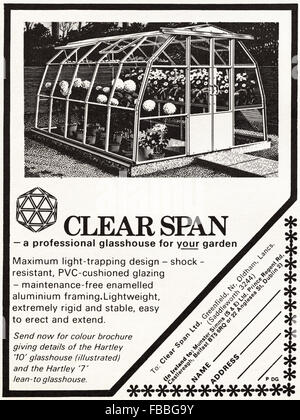Original vintage advert from 1970s. Advertisement from 1971 advertising Clear Span glasshouse for the garden.