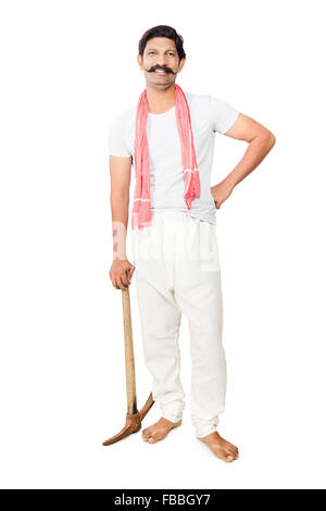 1 indian rural farmer man Standing Holding Spade Stock Photo