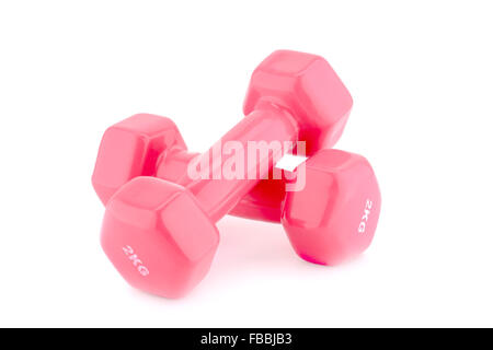 Two plastic coated dumbbells isolated on white background. Stock Photo