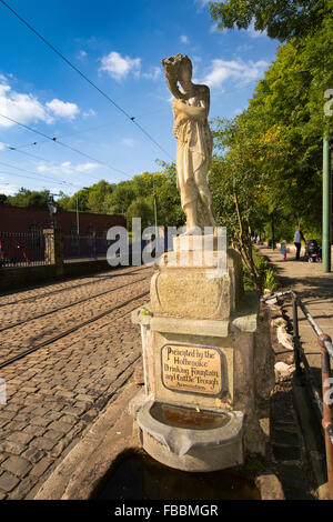 UK, England, Derbyshire, Crich, Tramway Museum, statue above Holbrooke Drinking Fountain and Cattle Trough Association, trough Stock Photo