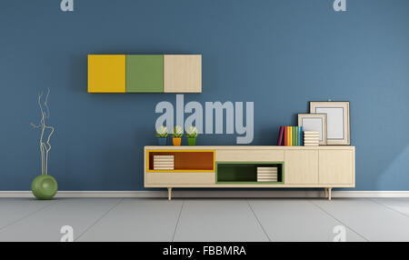 Blue living room with modern sideboard with books and blank frame - 3D Rendering Stock Photo