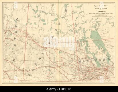 Manitoba, Saskatchewan and Alberta. TELEGRAPH CABLES. Canada. WHITE, 1906 map Stock Photo