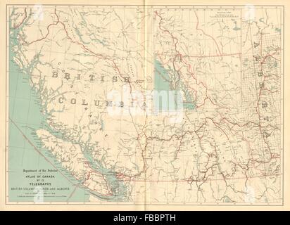 British Columbia, Yukon and Alberta. TELEGRAPH CABLES. Canada. WHITE, 1906 map Stock Photo