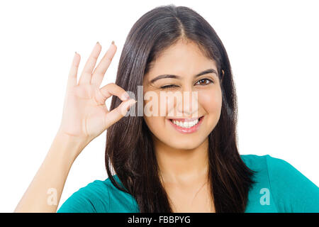 1 indian  Young Woman Ok sign showing Stock Photo