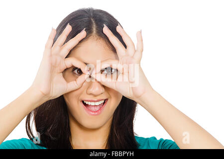 1 indian  Young Woman Finger Frame showing Stock Photo
