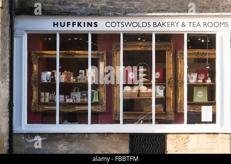 Huffkins Cotswolds bakery and tea rooms window, Stow on the Wold, Cotswolds, Gloucestershire, England Stock Photo