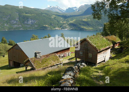 Ytste Skotet, Stordal, Norway, living museum mountain farm overlooking Storfjorden near Sykklyven, Møre and Romsdal, Norway Stock Photo