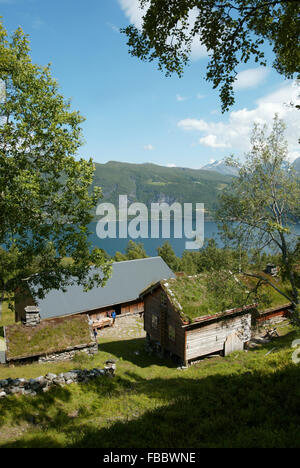 Ytste Skotet, Stordal, Norway, living museum mountain farm overlooking Storfjorden near Sykklyven, Møre and Romsdal, Norway Stock Photo