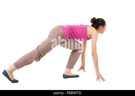 side view woman start position. Rear view people collection. backside view of person. Isolated over white background. African-American woman preparing to start in the race Stock Photo