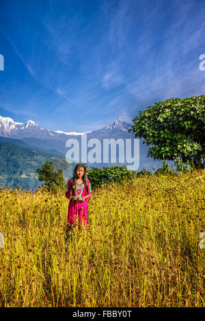 Young girl plays on a field in the Himalayas mountains near Pokhara Stock Photo