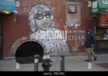 Wall mural painting of Celia Cruz the  Cuban singer of Latin music in Spanish Harlem, Manhattan, NYC. Stock Photo