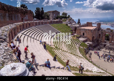 The ancient Roam amphitheatre at Taormina, Sicily, Italy. Stock Photo