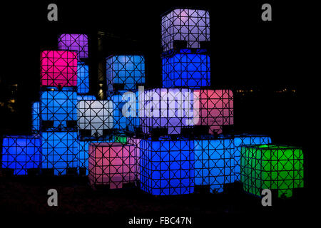 Art display LED cube lights at night-Victoria, British Columbia, Canada. Stock Photo