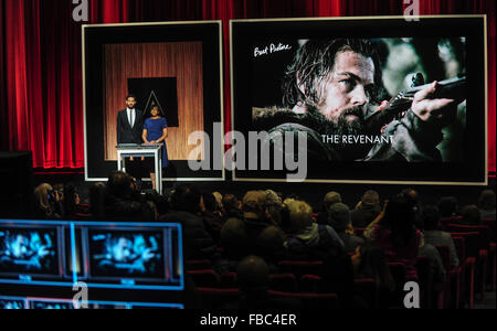 Los Angeles, USA. 14th Jan, 2016. A screen showing the Oscar nominee for Best Picture, 'The Revenant', during the Academy Awards Nominations Announcement at the Samuel Goldwyn Theater in Beverly Hills, California, the United States, on Jan. 14, 2016. © Zhang Chaoqun/Xinhua/Alamy Live News Stock Photo