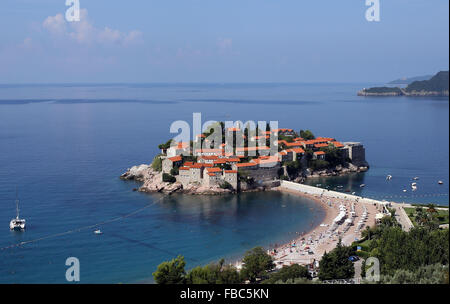 Sveti Stefan, now Aman Sveti Stefan including the Villa Miločer is a small islet and hotel resort in Montenegró. Stock Photo