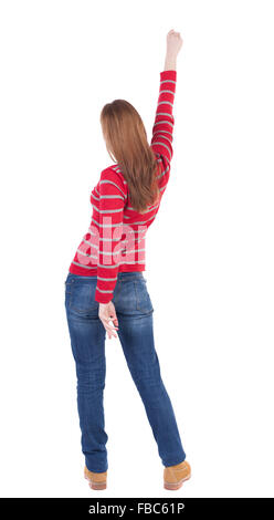 back view of dancing young beautiful woman. girl watching. Rear view people collection. backside view of person. Isolated over white background. Stock Photo