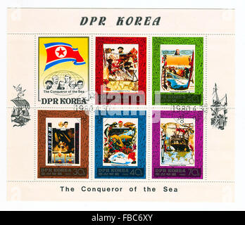 GOMEL,BELARUS - JANUARY 2016: A stamp printed in North Korea shows image of the Conqueror of the Sea, circa 1980. Stock Photo