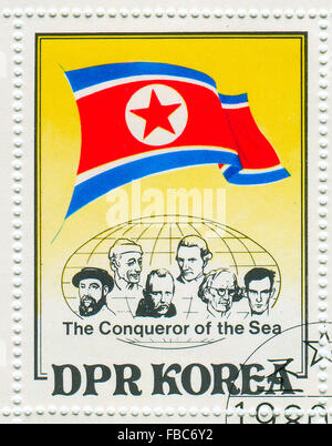 GOMEL,BELARUS - JANUARY 2016: A stamp printed in North Korea shows image of the Conqueror of the Sea, circa 1980. Stock Photo