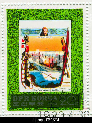 GOMEL,BELARUS - JANUARY 2016: A stamp printed in North Korea shows image of the Conqueror of the Sea, circa 1980. Stock Photo