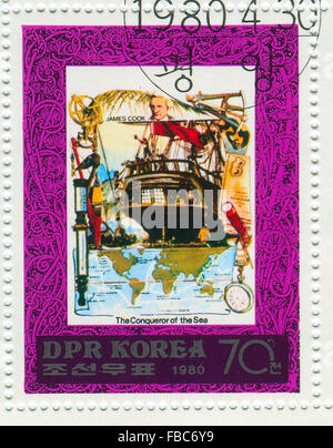 GOMEL,BELARUS - JANUARY 2016: A stamp printed in North Korea shows image of the Conqueror of the Sea, circa 1980. Stock Photo