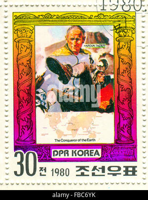 GOMEL,BELARUS - JANUARY 2016: A stamp printed in North Korea shows image of the Conqueror of the Earth, circa 1980. Stock Photo