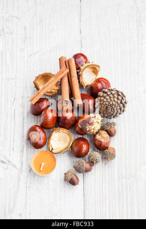 Autumn Decoration with Chestnuts, Cinnamon Sticks , Acorns, Pine Cone and Candle on White Painted Wood Stock Photo