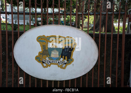 Kandy Municipal Council coat of arms on the main entrance gate leading to the Kandy Municipal Council in Kandy, Sri Lanka Stock Photo