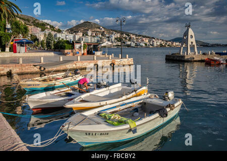 Boats at harbor, Saranda seafront, Ionian Sea coast in Saranda (Sarande), Albanian Riviera, Albania Stock Photo