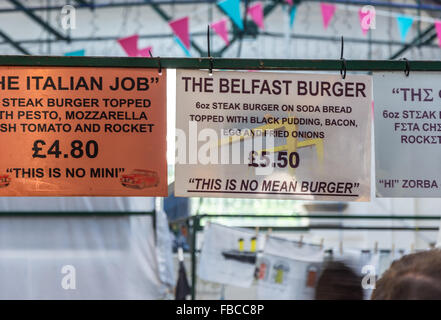 The Belfast Burger for sale sign in St. George's Market in Belfast city centre Stock Photo