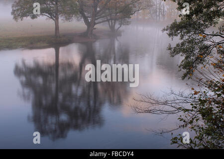 Early morning autumn mist and tree reflections in the river Dee by the Horseshoe Falls in Llangollen Wales