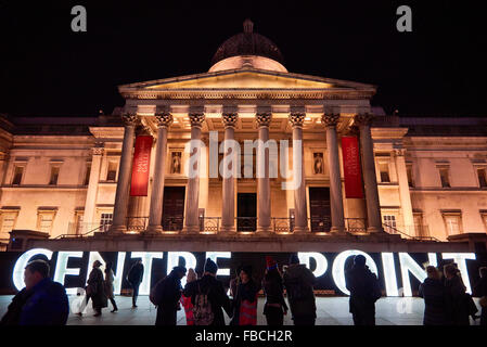 London, UK. 14th January, 2016. Centre Point lights in front of the National Gallery, in Trafalgar Square. The lights, taken down from central London's landmark skyscraper, is part of the Lumiere London. January 14, 2016 in London. Credit:  Nando Machado/Alamy Live News Stock Photo