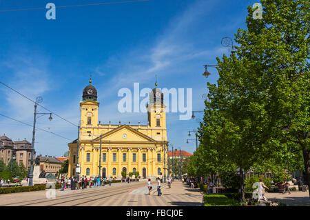Kossuth square with Protestant Great Church (Hungarian: Reformatus Nagytemplom) on the background in Debrecen city, Hungary Stock Photo